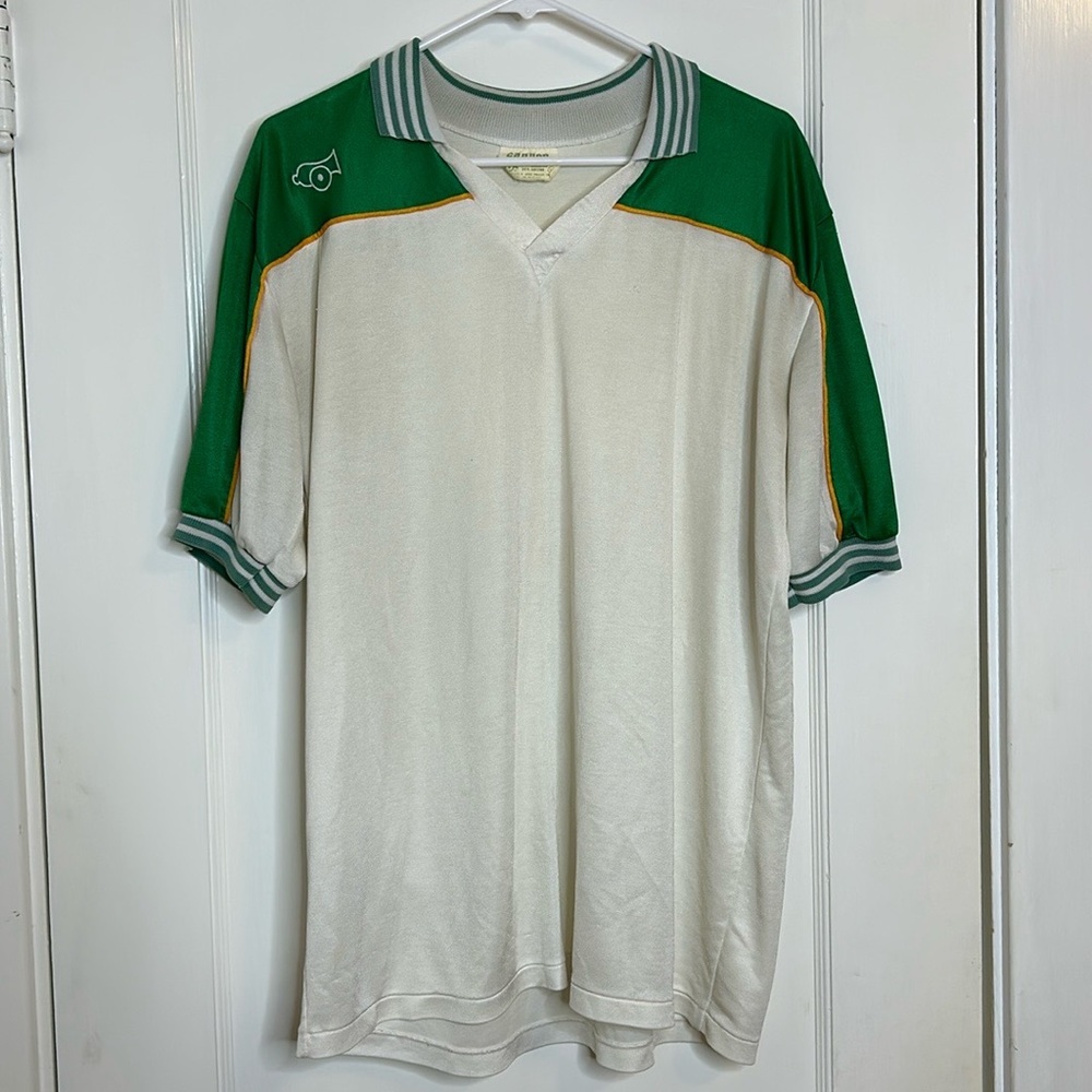 Cannon Retro Men’s Green and White V-Neck Polo Shirt